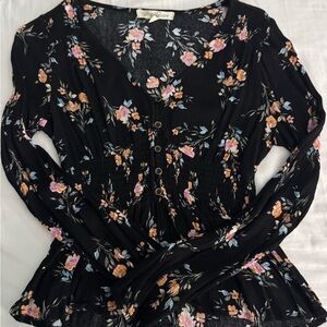 Rewind Black and Pink Long Sleeve Peplum Blouse